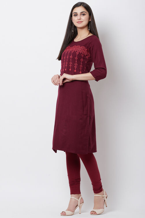 Wine Poly Cotton Straight Kurta image number 2