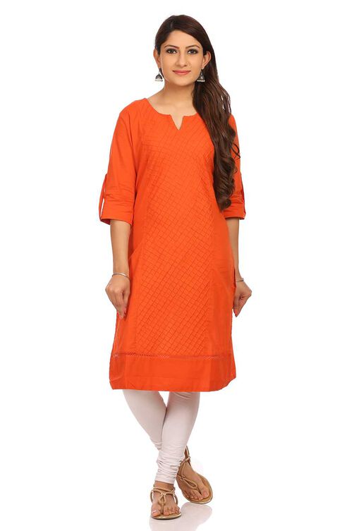 Orange Flared Cotton Kurta image number 0