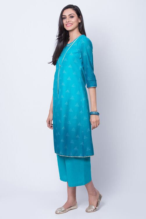 Turquoise Cotton And Flex Straight Dress image number 3