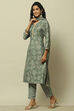 Green Printed Straight Kurta & Pants Suit Set image number 4