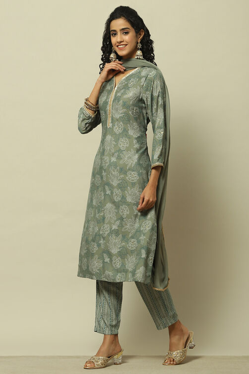 Green Printed Straight Kurta & Pants Suit Set image number 4