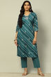 Teal Blue Cotton Straight Printed Kurta Pants Suit Set image number 6