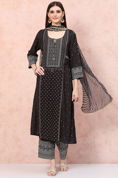 Black LIVA Bandhani Print Suit Set image number 8