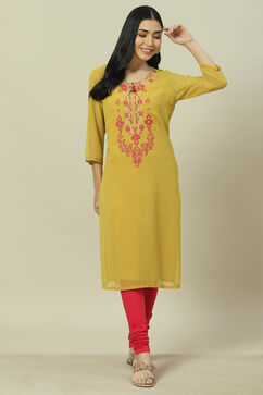 Lime Green Cotton Blend Straight Kurta image number 0