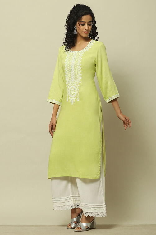 Lime Green Embroidered Straight Kurta image number 4