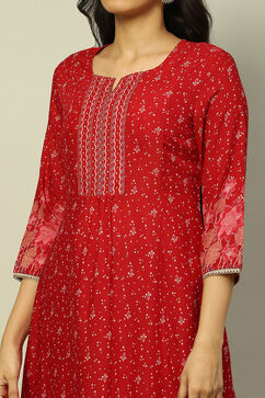 Red Viscose Blend Flared Printed Kurta Salwar Suit Set image number 1