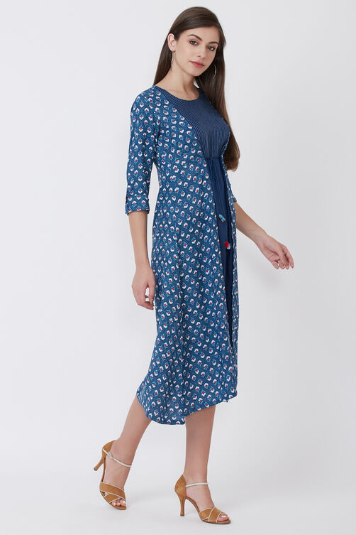 Blue Viscose Rayon Flared Dress image number 3