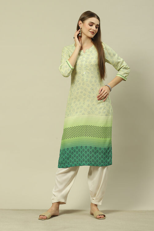 Green LIVA Straight Printed Kurta image number 0