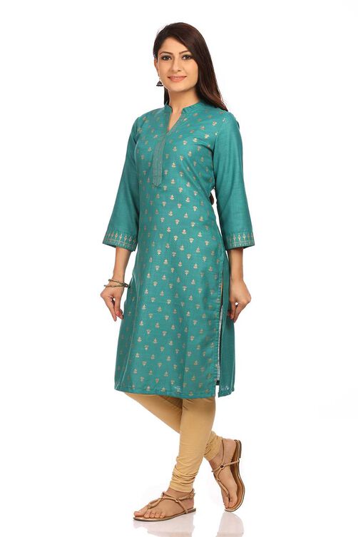 Teal Green Straight Viscose Kurta image number 2