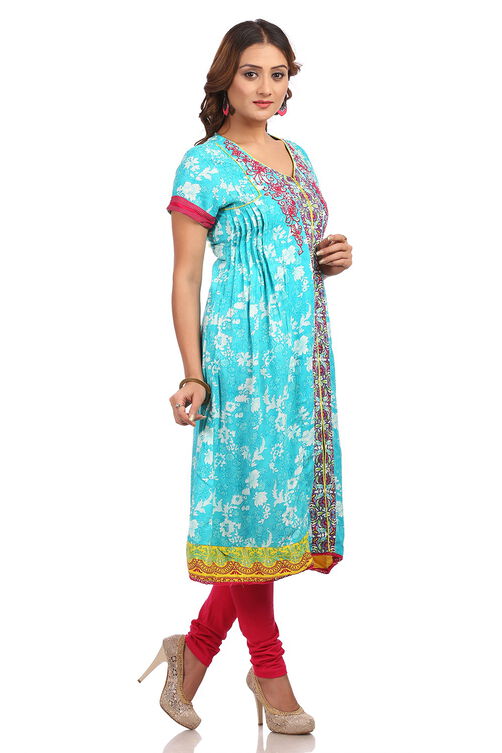 Turquoise Flared Cotton Kurta image number 3