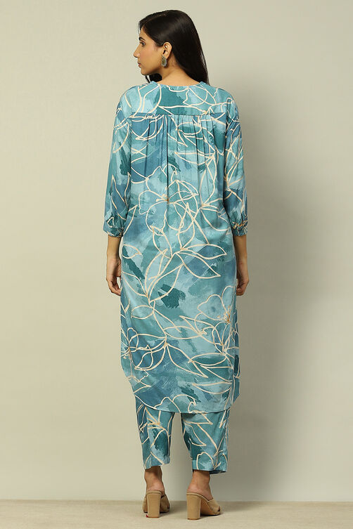 Aqua Blue Rayon Straight Printed Kurta Palazzo Suit Set image number 4