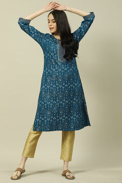 Teal Blue LIVA Straight Kurta image number 5