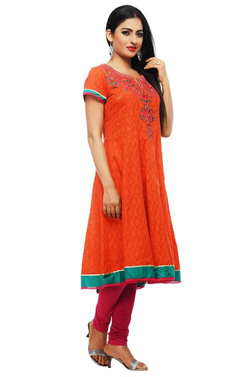 Orange Cotton Anarkali Kurta image number 2