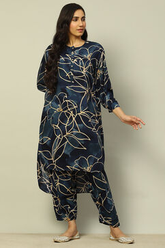 Navy Blue Rayon Straight Printed Kurta Palazzo Suit Set image number 0