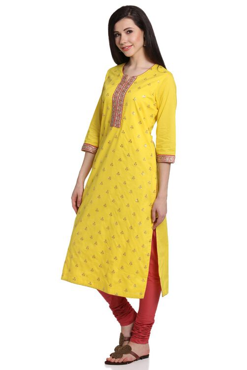 Yellow Cotton Straight Suit Set image number 2