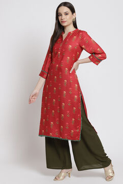 Red Poly Cotton Straight Kurta image number 3