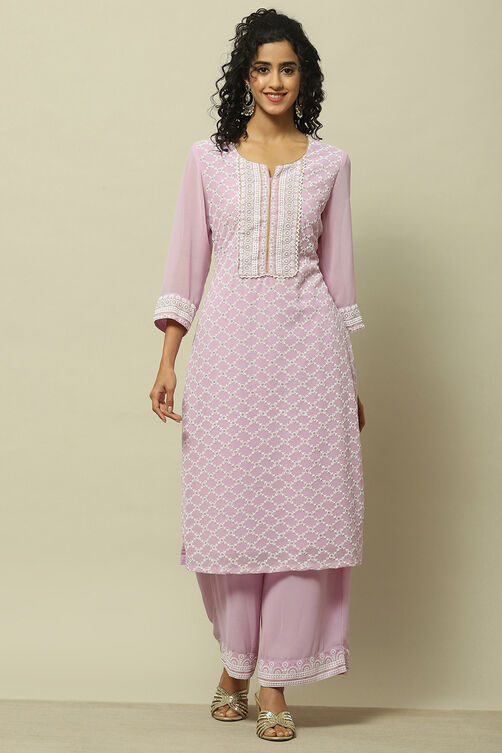 Mauve Poly Georgette Embroidered Straight Kurta image number 6