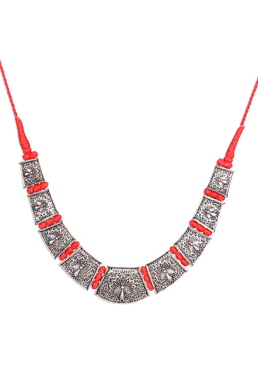 Antique Style Necklace With Peacock Motif & Red Thread image number 2