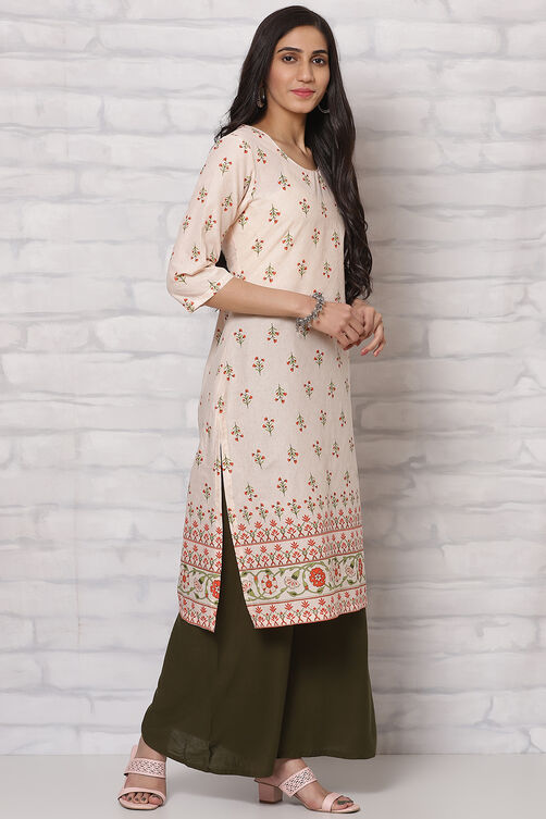 Off White Cotton Straight Kurta image number 3