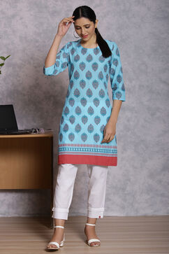 Sky Blue Cotton And Cambric Straight Kurta image number 0