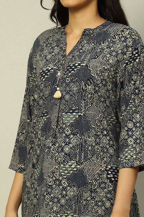 Blue Rayon Straight Printed Kurta Palazzo Suit Set image number 1