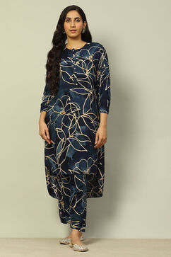 Navy Blue Rayon Straight Printed Kurta Palazzo Suit Set image number 6