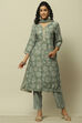 Green Printed Straight Kurta & Pants Suit Set image number 7