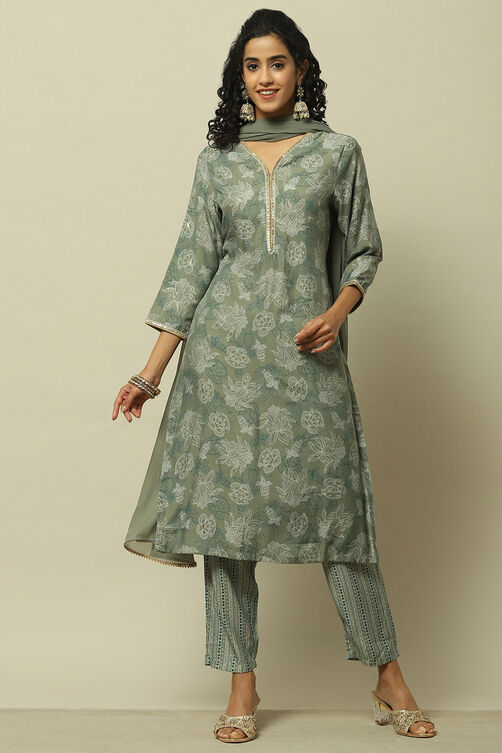 Green Printed Straight Kurta & Pants Suit Set image number 7