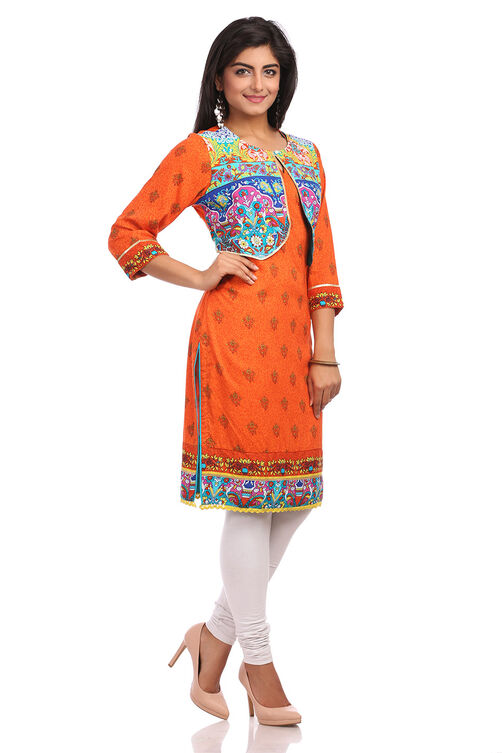 Blue & Orange Straight Cotton Kurta image number 2