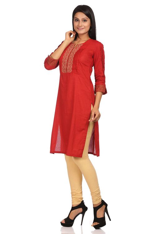 Red Straight Cotton Kurta image number 1