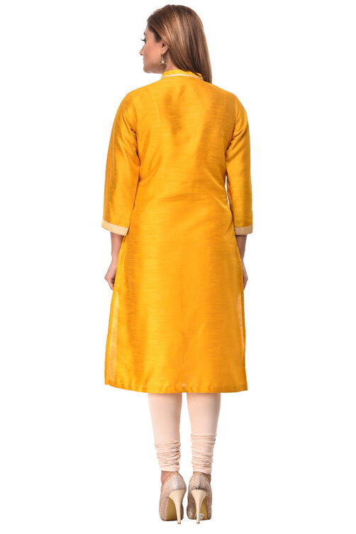 Mustard Straight Art Silk Kurta image number 3