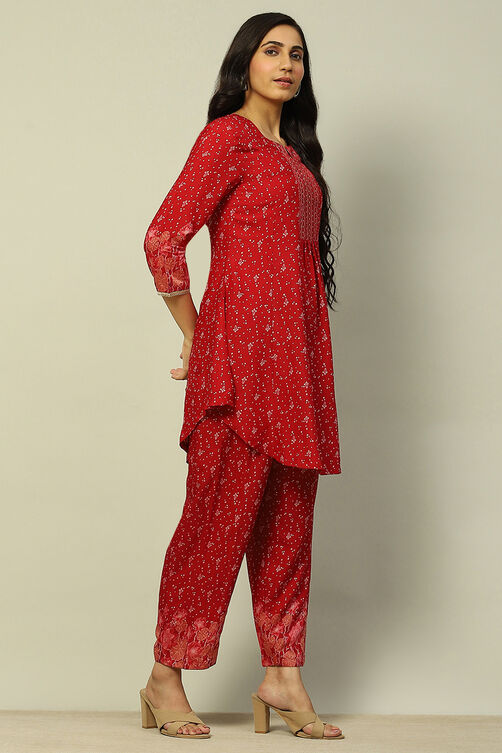 Red Viscose Blend Flared Printed Kurta Salwar Suit Set image number 5