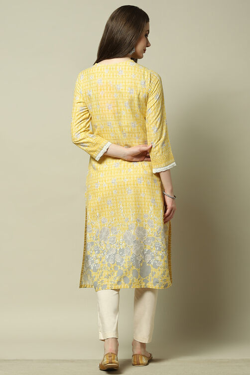 Yellow Floral Printed Straight Kurta image number 3