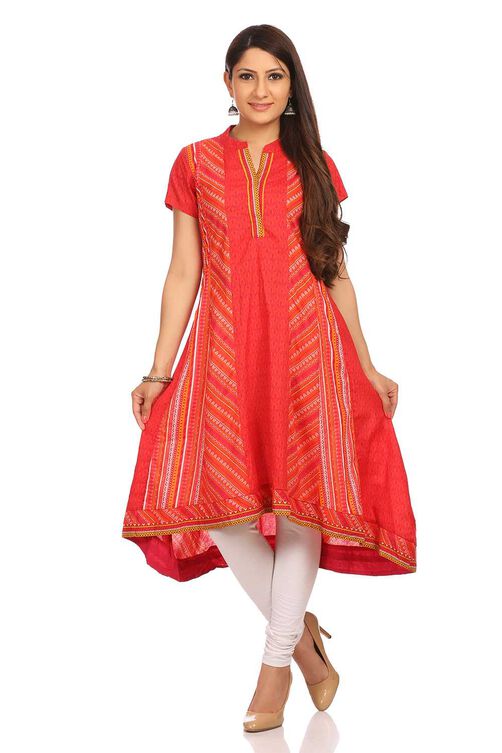 Red Kalidar Cotton Kurta image number 0