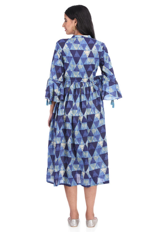 Blue Flared Cambric Cotton Dress image number 5