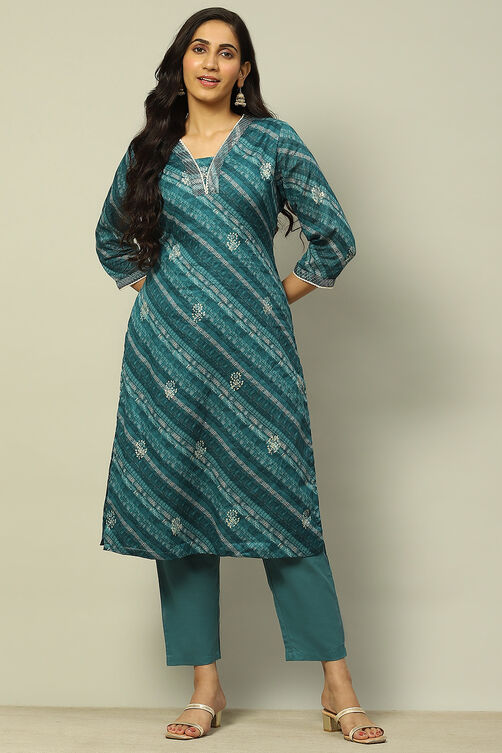 Teal Blue Cotton Straight Printed Kurta Pants Suit Set image number 0