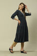 Navy LIVA A-Line Printed Dress image number 4