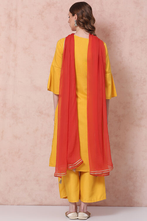 Mustard Art Silk Straight Suit Set image number 4