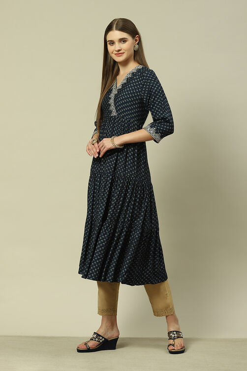 Navy LIVA A-Line Printed Dress image number 2