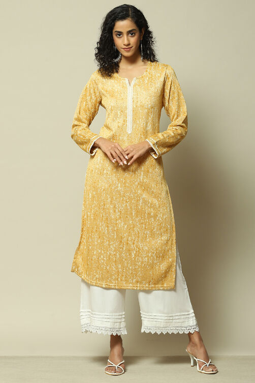 Yellow Acrylic Straight Printed Kurta image number 5