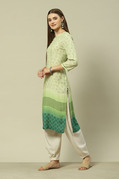 Green LIVA Straight Printed Kurta image number 2