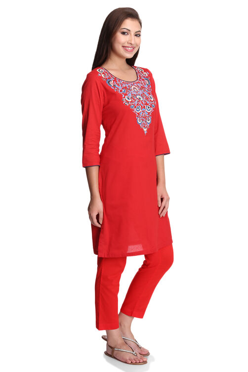 Red Straight Cambric Cotton Kurta image number 2