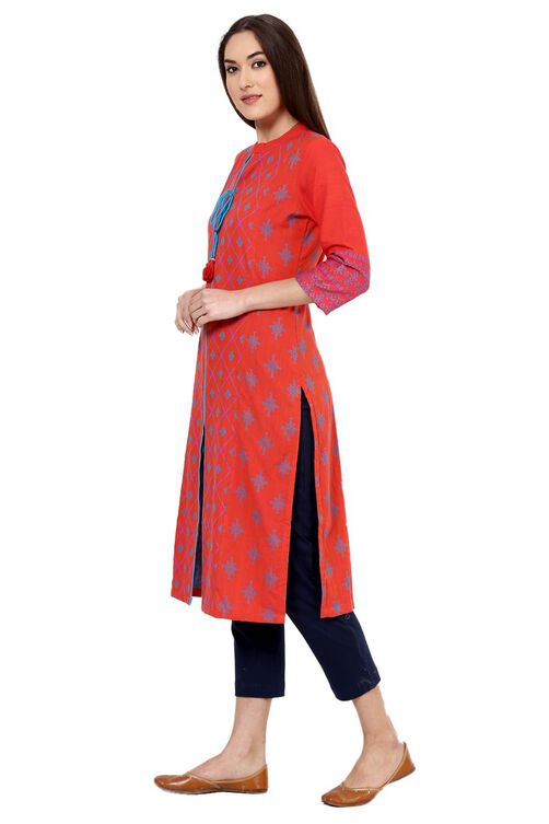 Orange Straight Poly Cotton Kurta image number 2