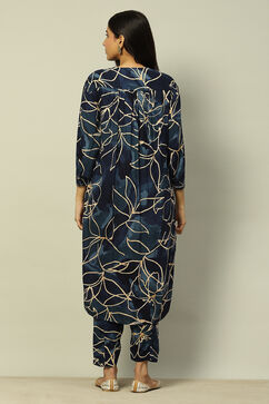 Navy Blue Rayon Straight Printed Kurta Palazzo Suit Set image number 4