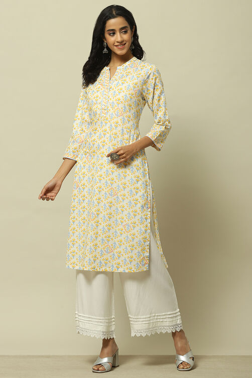 White & Yellow Cambric Printed Straight Kurta image number 5