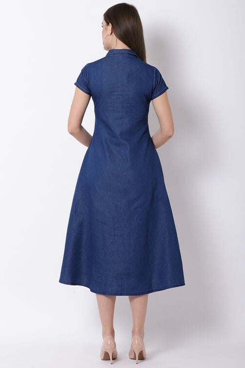 Denim Blue Cotton Asymmetric Dress image number 4