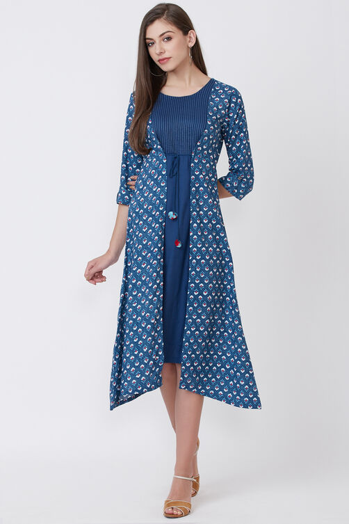 Blue Viscose Rayon Flared Dress image number 0