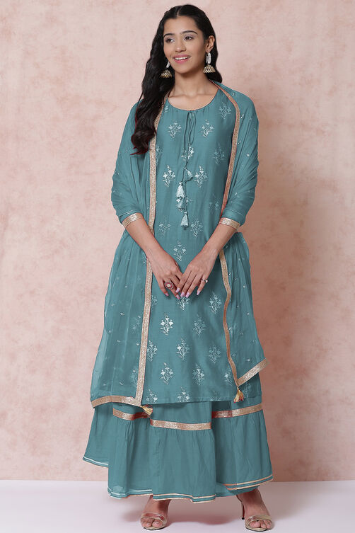 Blue Cotton Chanderi Straight Suit Set image number 0