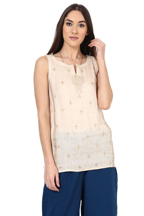 Beige Straight Poly Cotton Indie Top image number 0