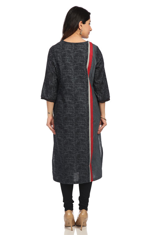 Black Straight Cotton Kurta image number 4